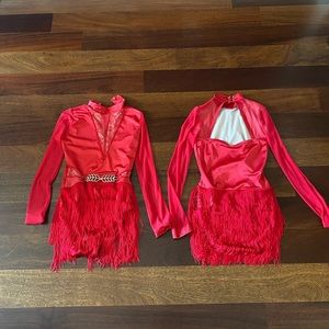 two jazz competition dress costume with fringe and jewels. red